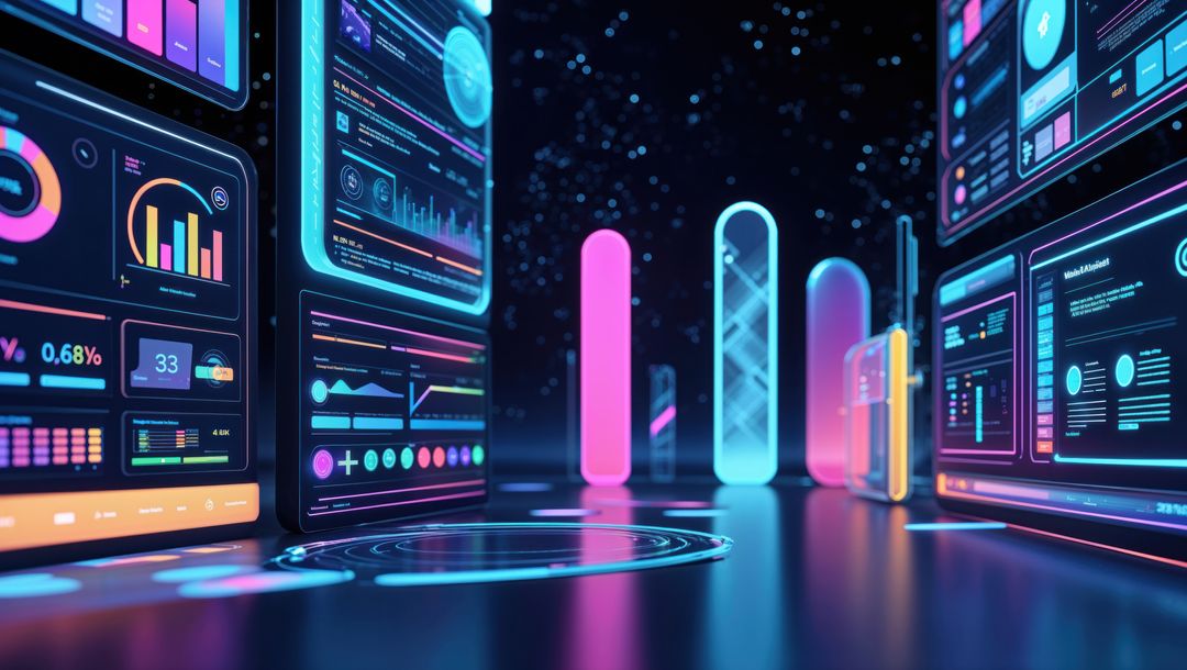 Futuristic Control Room with Neon Data Visualization Interface