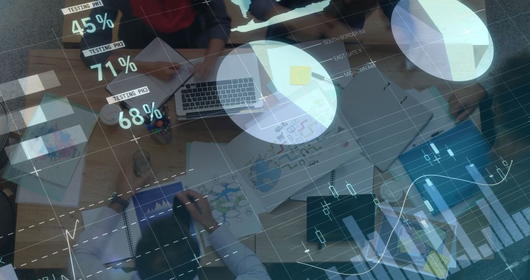 Diverse Team Analyzing Data with Futuristic Digital Graph Overlays