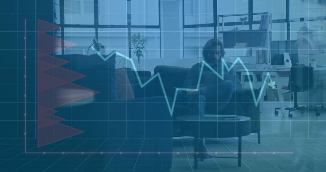 Man Studying Financial Data on Tablet in Office Lounge with Analytics Overlay