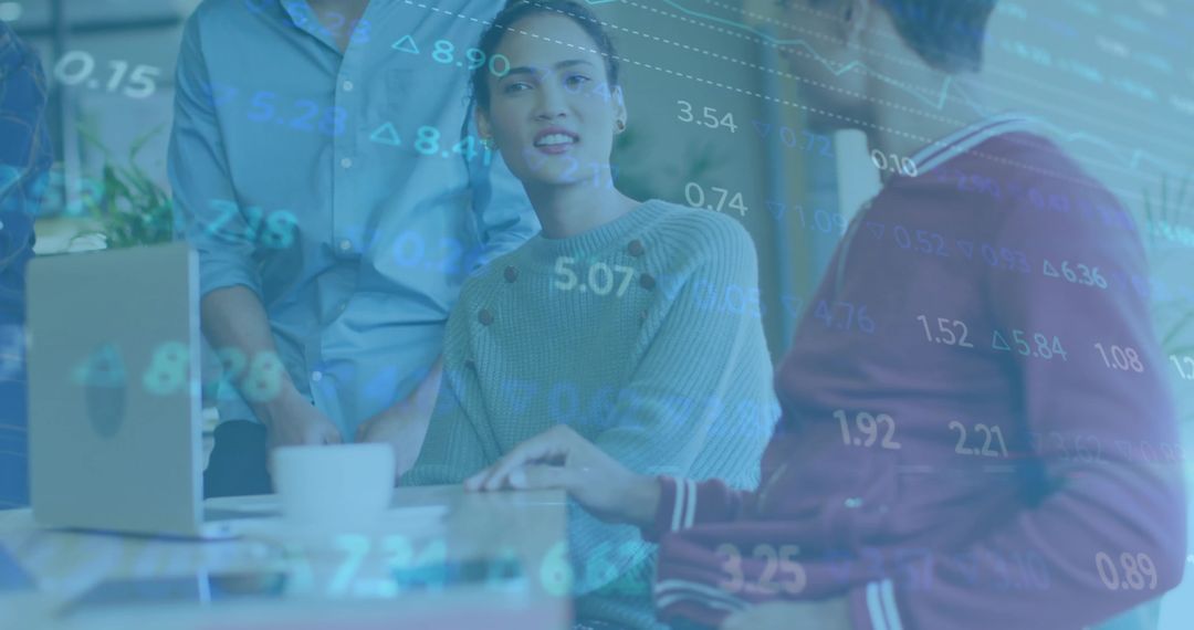 Business Team Discussing Digital Stock Data in Modern Office