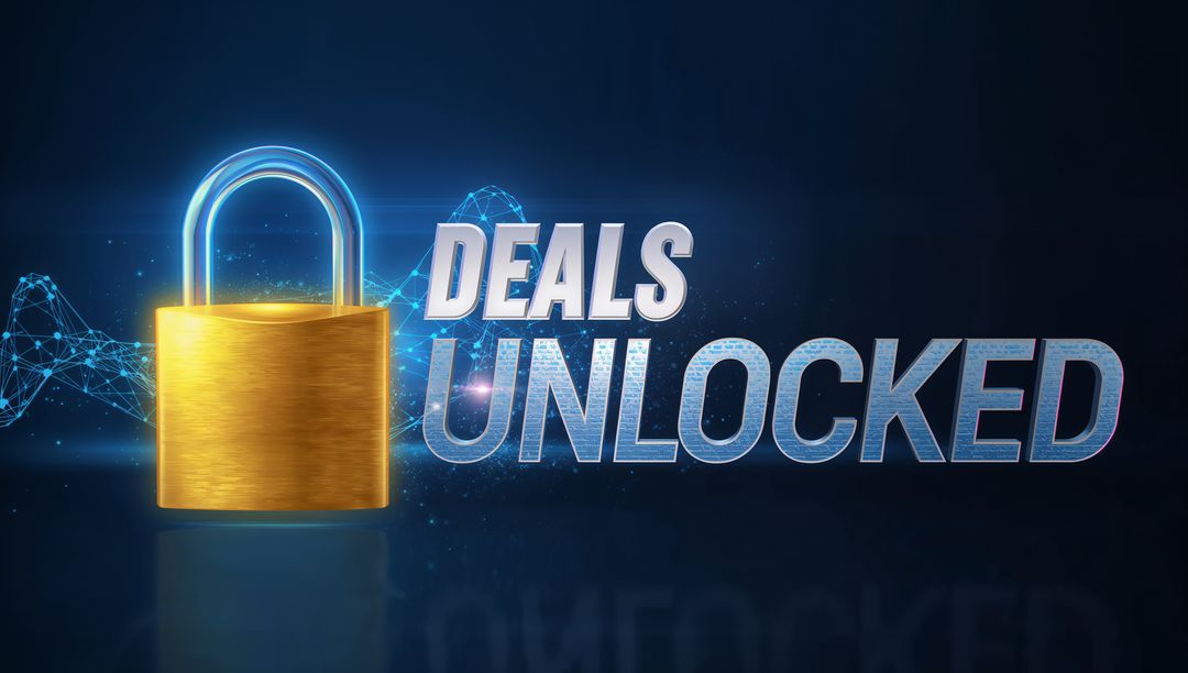 Golden Padlock with DEALS UNLOCKED Text, Futuristic Digital Security and Unlock Concept