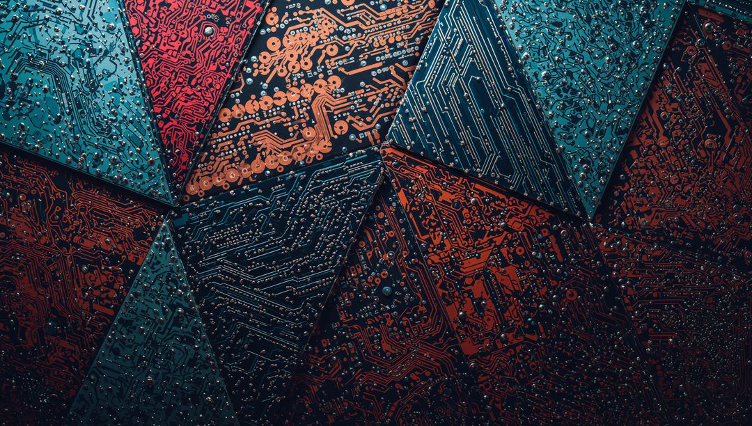 Tessellated Triangular PCB Mosaic Featuring Copper Traces, Vias and Metallic Texture