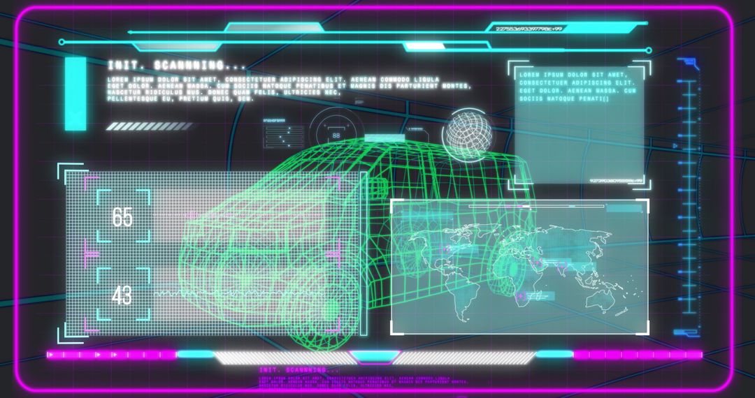 Futuristic 3D Wireframe Van Model with Interactive Display Interface