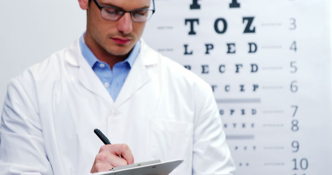 Optometrist Writing on Clipboard in Front of Eye Chart - Free Images, Stock Photos and Pictures on Pikwizard.com