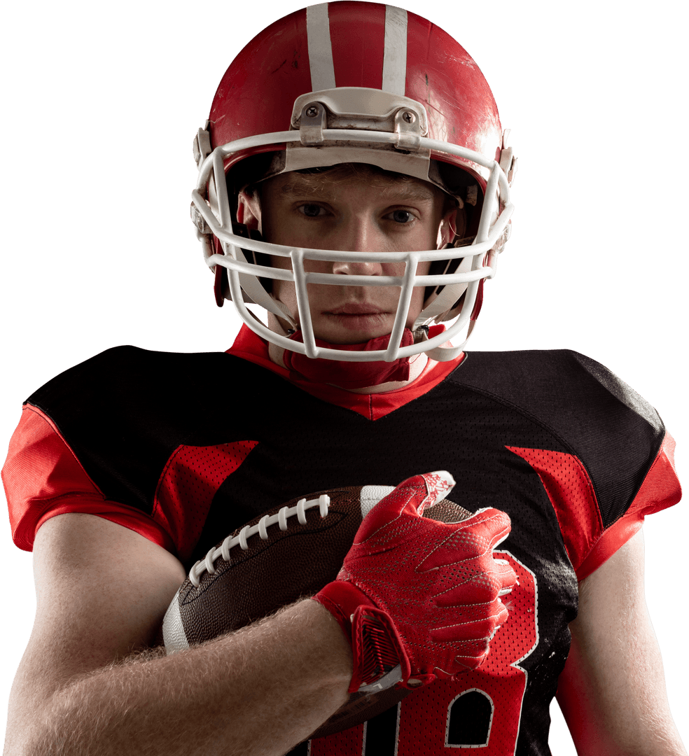 Young Football Player Holding Ball in Transparent Scene