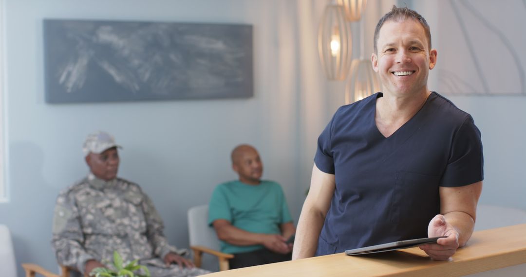 Healthcare Professional with Tablet, Patients in Background