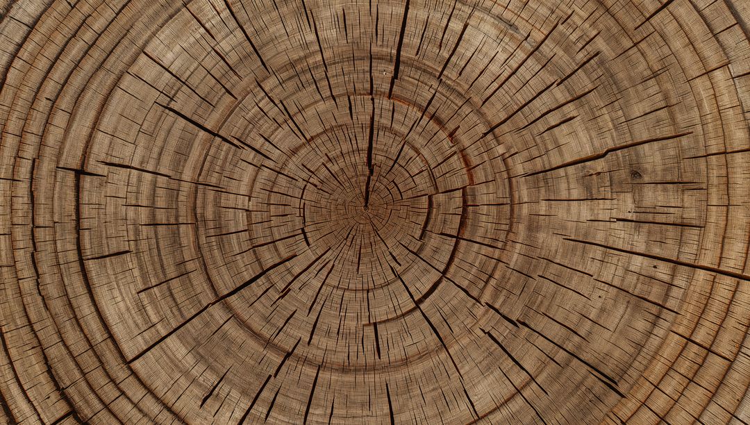 Tree Trunk Cross Section Showing Concentric Growth Rings, Radial Cracks and Wood Grain