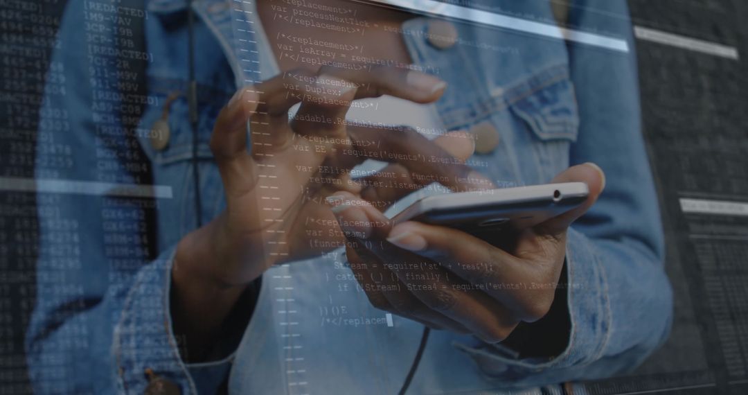 Software Developer Using Smartphone with Code Overlay Concept