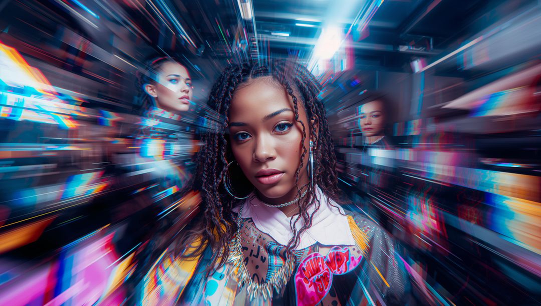 Futuristic Fashion: Black Model in Dynamic Neon Studio