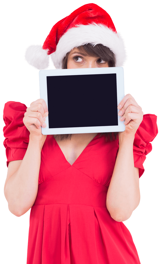 Festive Woman Holding Tablet with Transparent Background