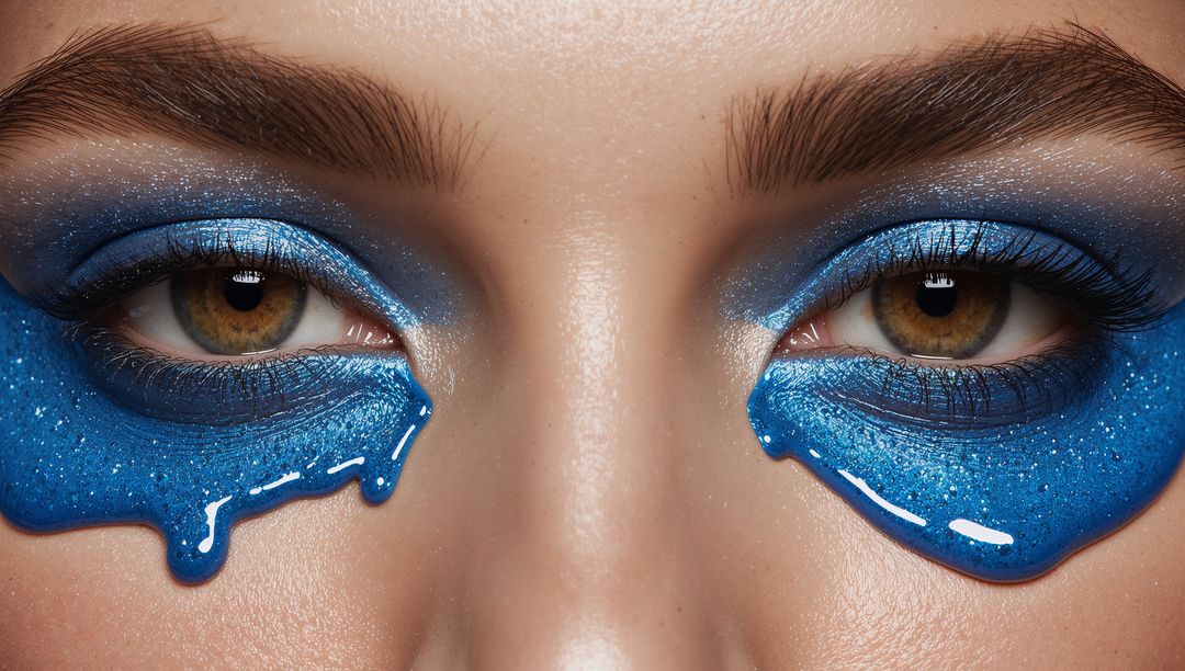 Cobalt Blue Glitter Eye Makeup Dripping Over Lower Lids Shimmering Metallic Gloss