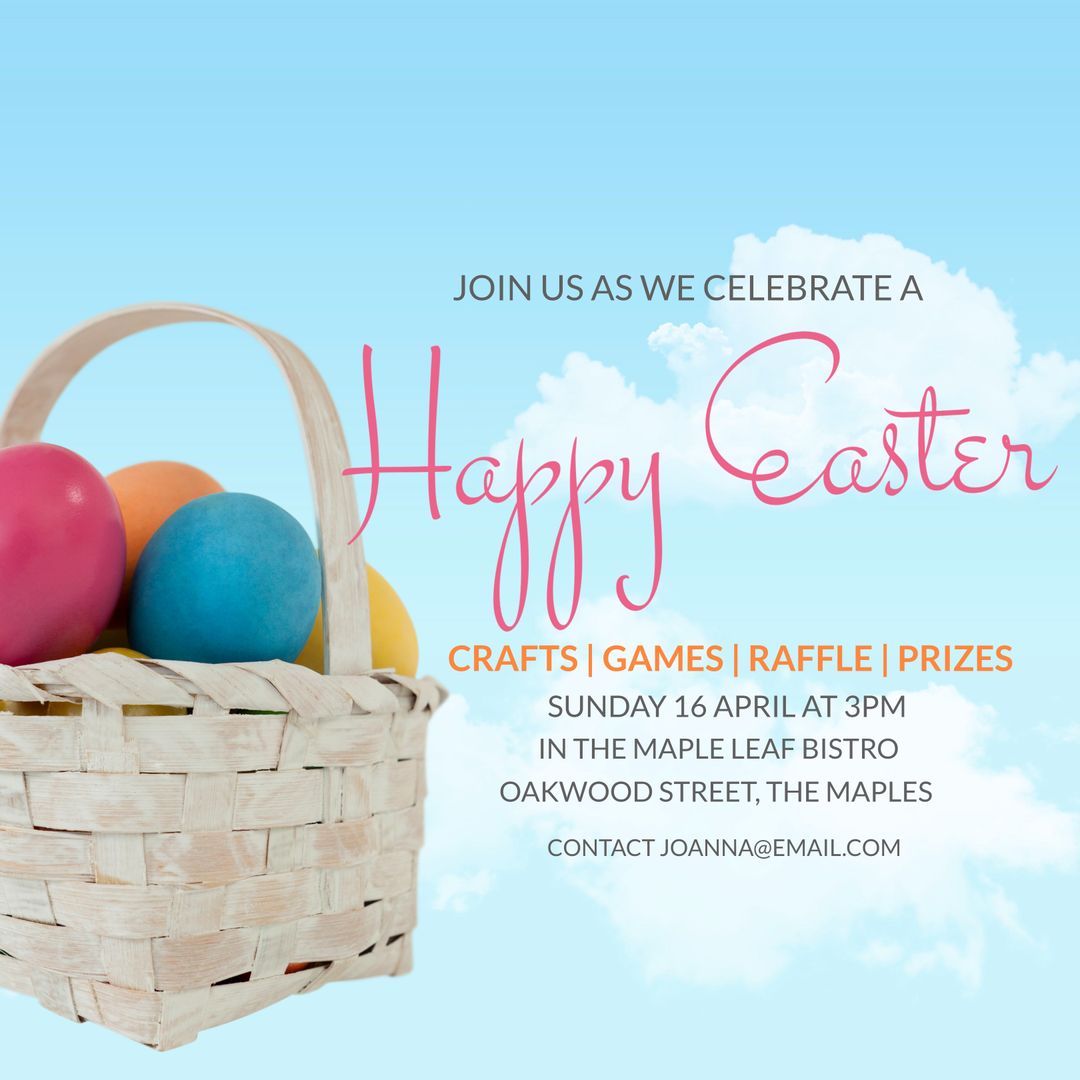 Easter Invitation with Colorful Egg Basket and Blue Sky