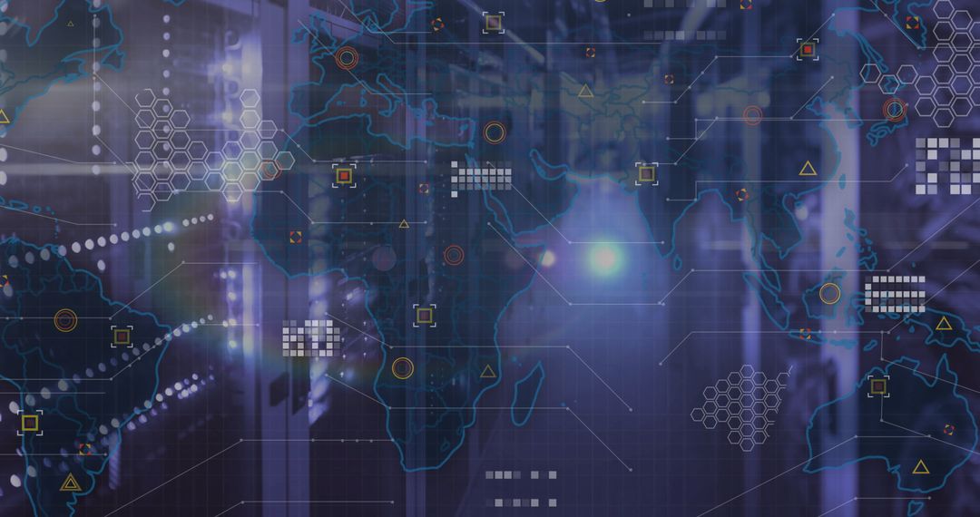 Futuristic Data Center Corridor with Digital World Map Overlay