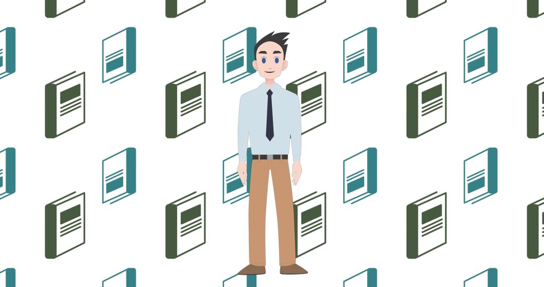 Animated Mentor Engaging with Book Icons for Educational Theme