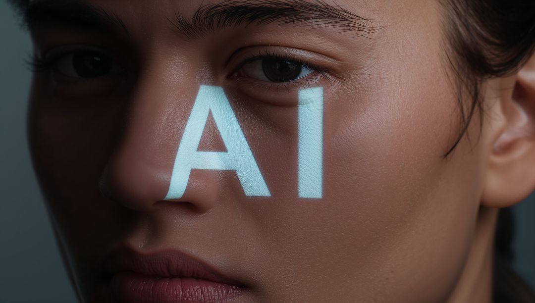 Projecting AI Letters on Closeup Female Face Conveying Technology Identity and Skin Texture