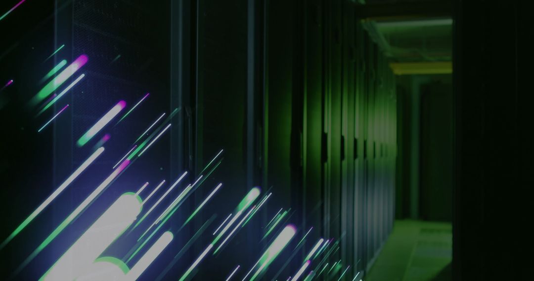 Illuminated Data Streams Flowing Over Dimly Lit Server Racks