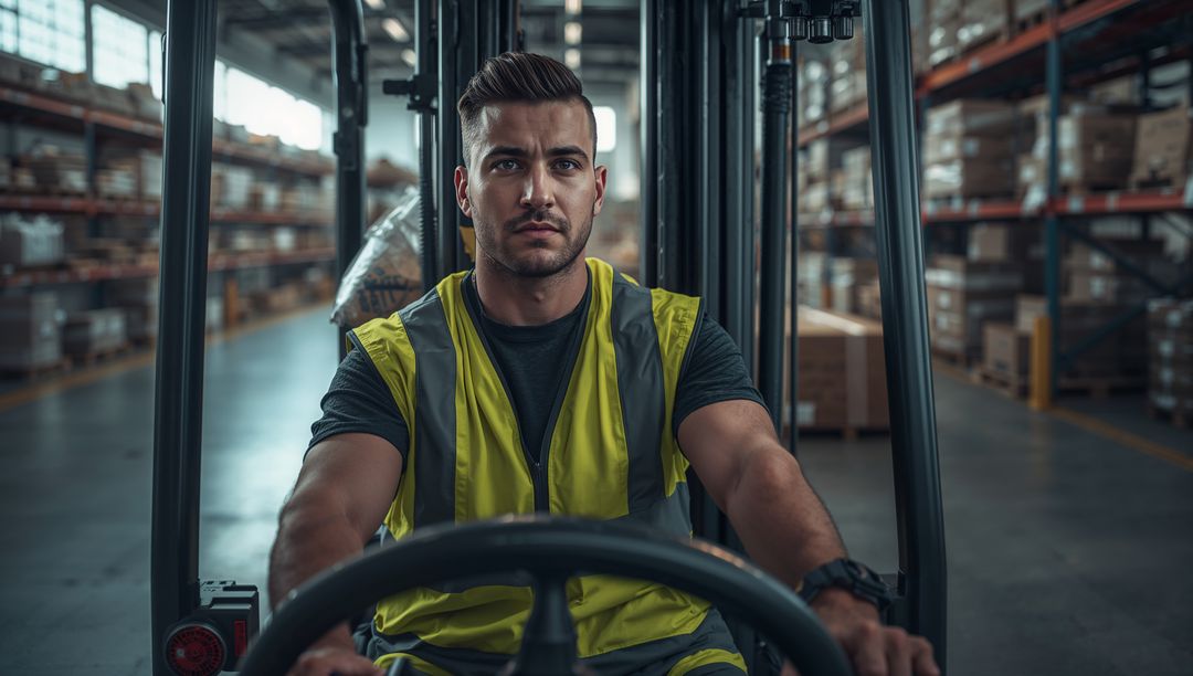 Forklift Operator Driving Through Warehouse Aisle Wearing High-Visibility Safety Vest