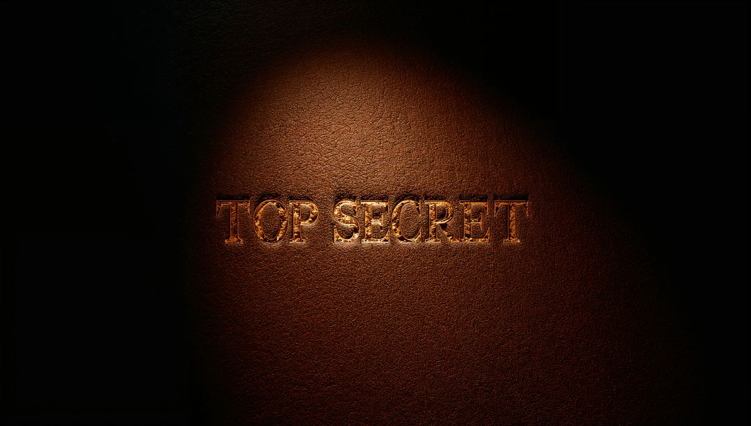 Embossing Gold TOP SECRET on Dark Leather Cover with Dramatic Spotlight and Deep Shadow