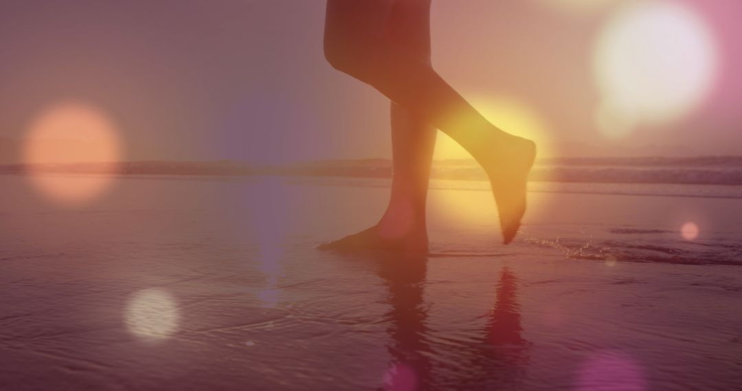 Serene Beach Walk with Sunlight Reflections and Overlay Effects