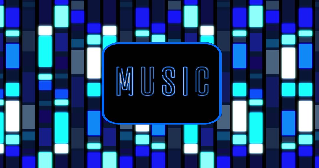 Neon Music Text with Blue Glowing Rectangles Background