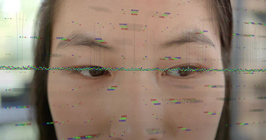 Glitched Korean Woman Closeup with Horizontal Data Distortion, Pixel Noise and Serene Gaze