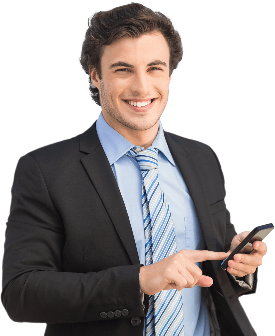 Smiling Businessman in Suit Using Smartphone on Transparent Background