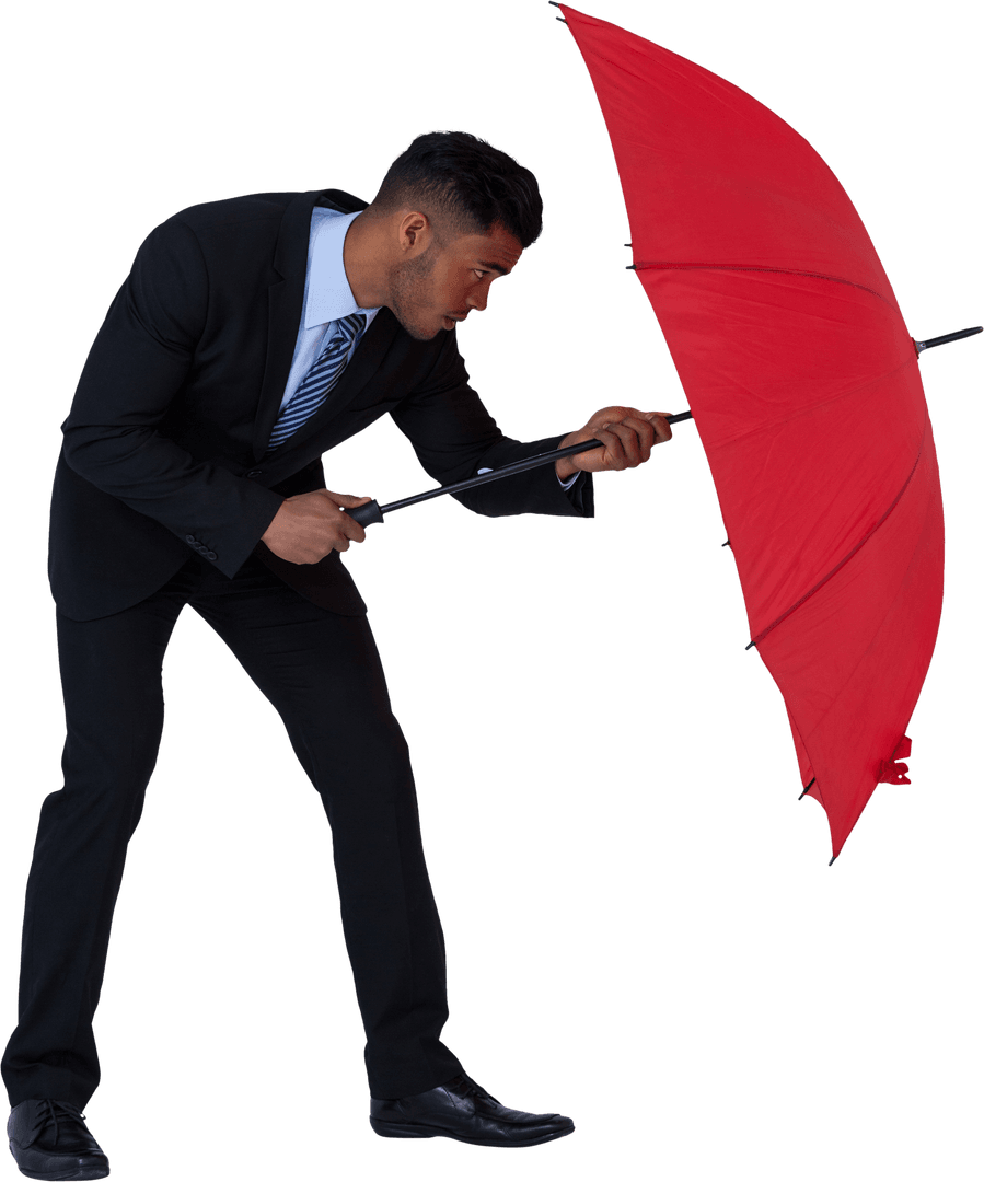 Transparent Businessman Holding Red Umbrella Protectively