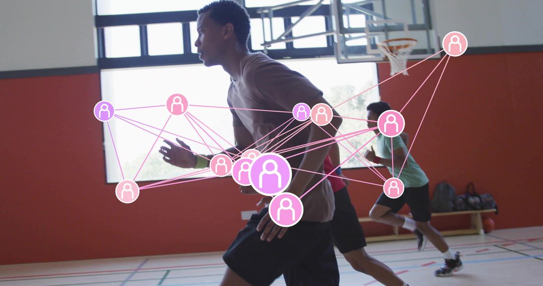 Youth athletes sprinting in indoor gym with network overlay illustrating team connectivity and condi