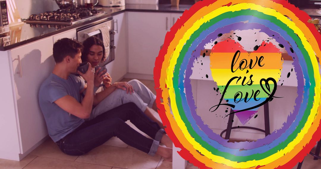Diverse Gay Couple Relaxing in Kitchen with Rainbow Love Symbol