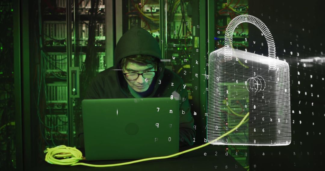 Cybersecurity Concept with Virtual Padlock in Server Room