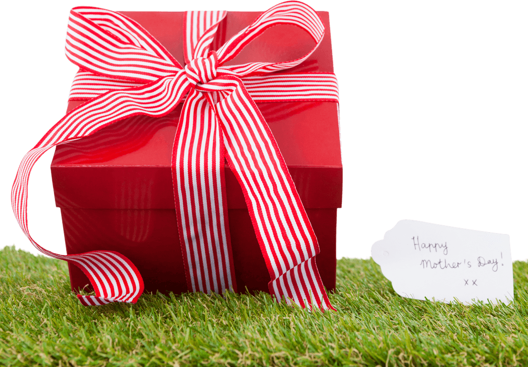 Transparent Red Gift Box with Striped Ribbon and Tag on Grass