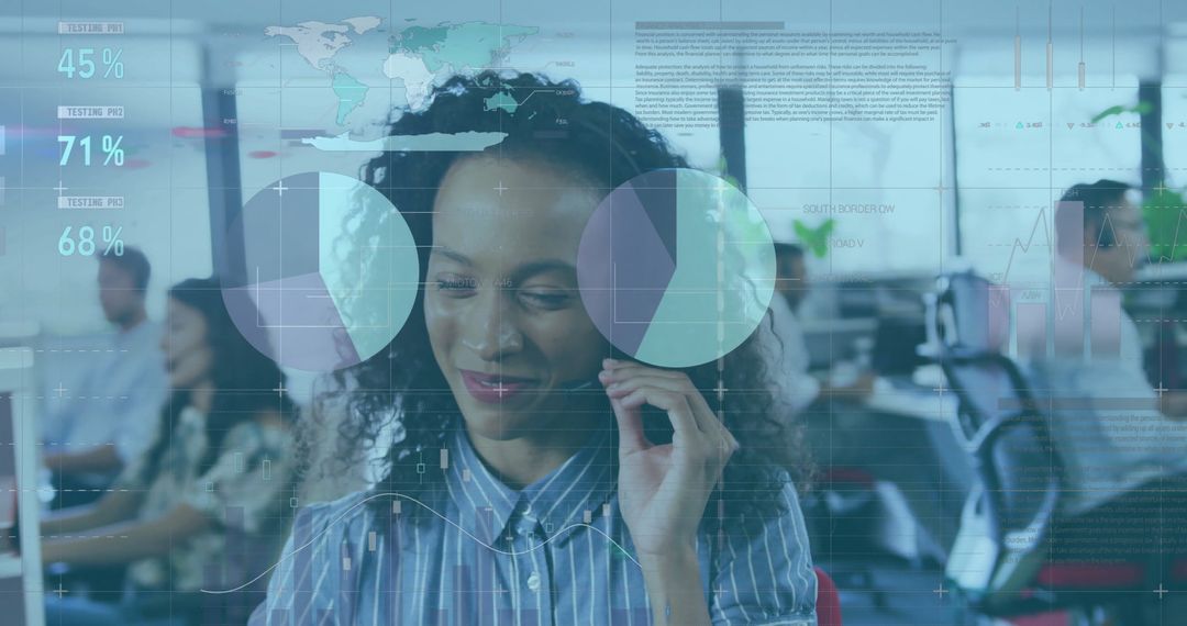 Businesswoman Integrating Global Data Insights in Modern Office