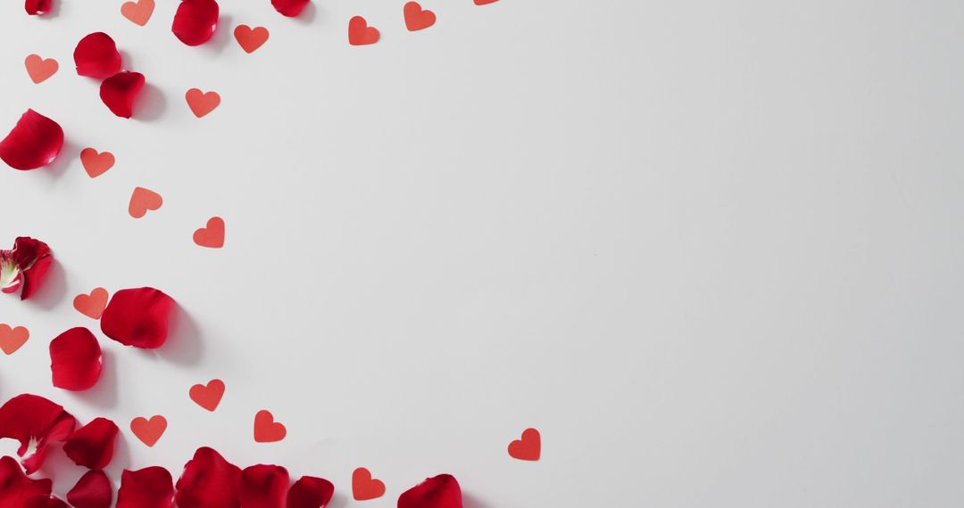 Red Petals and Hearts on White Background for Valentine's Day