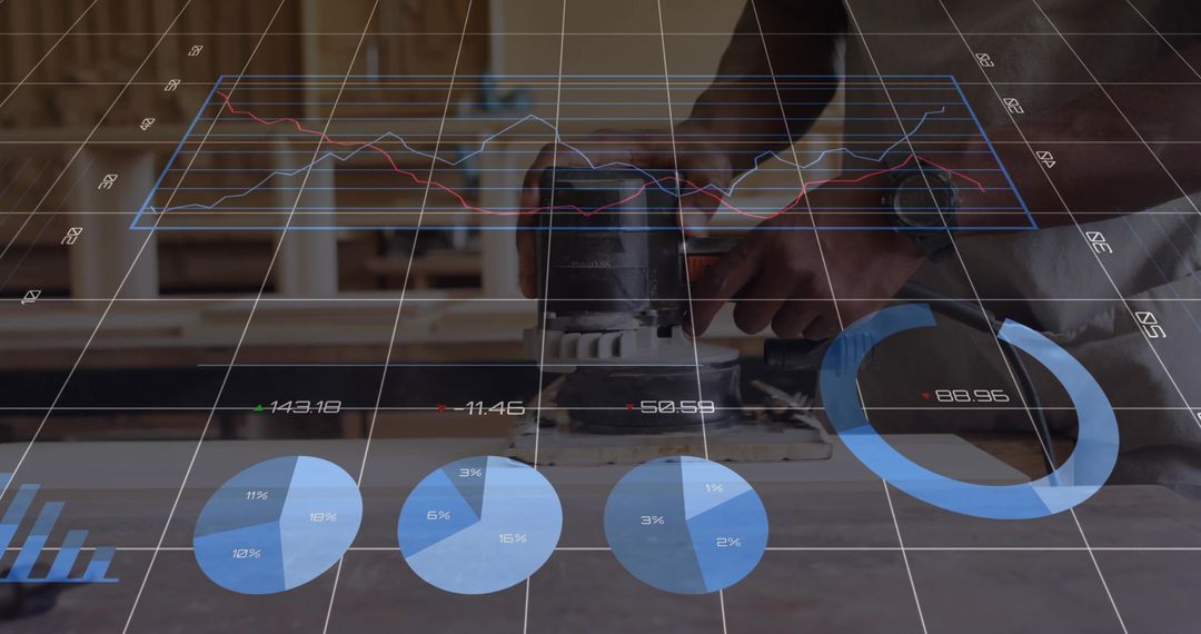 Carpenter Sanding Wood with Overlayed Analytical Charts in Workshop