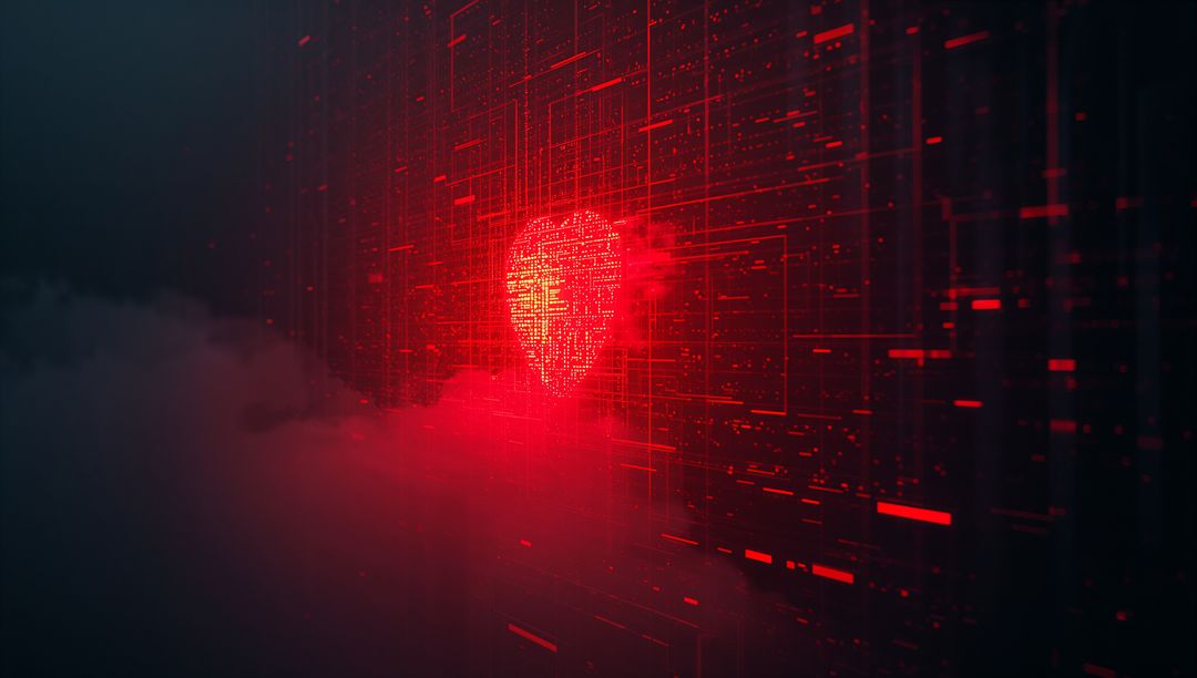 Futuristic Red Heart Surrounded by Cyber Data Streams
