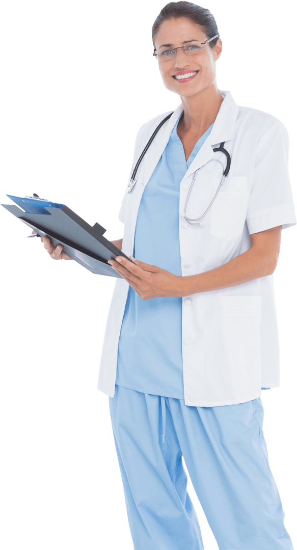 Transparent Vision of Smiling Female Doctor with Reports and Stethoscope