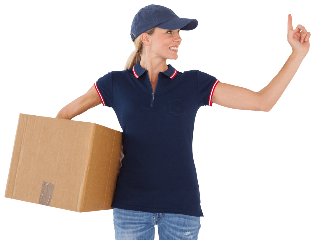 Transparent Delivery Woman Holding Box and Pointing Upward Smiling