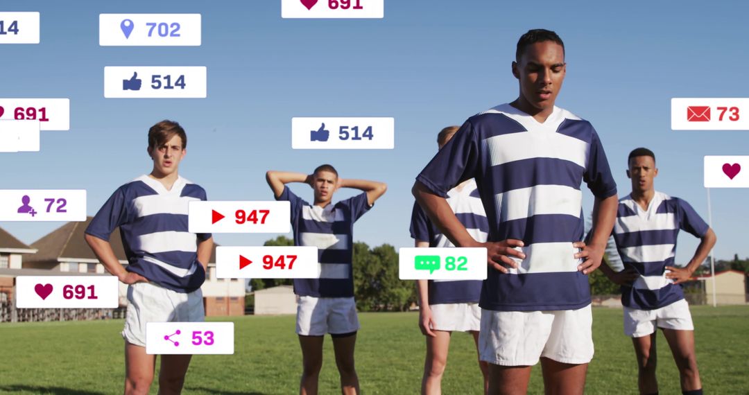 Diverse Rugby Team with Social Media Icons Overlay