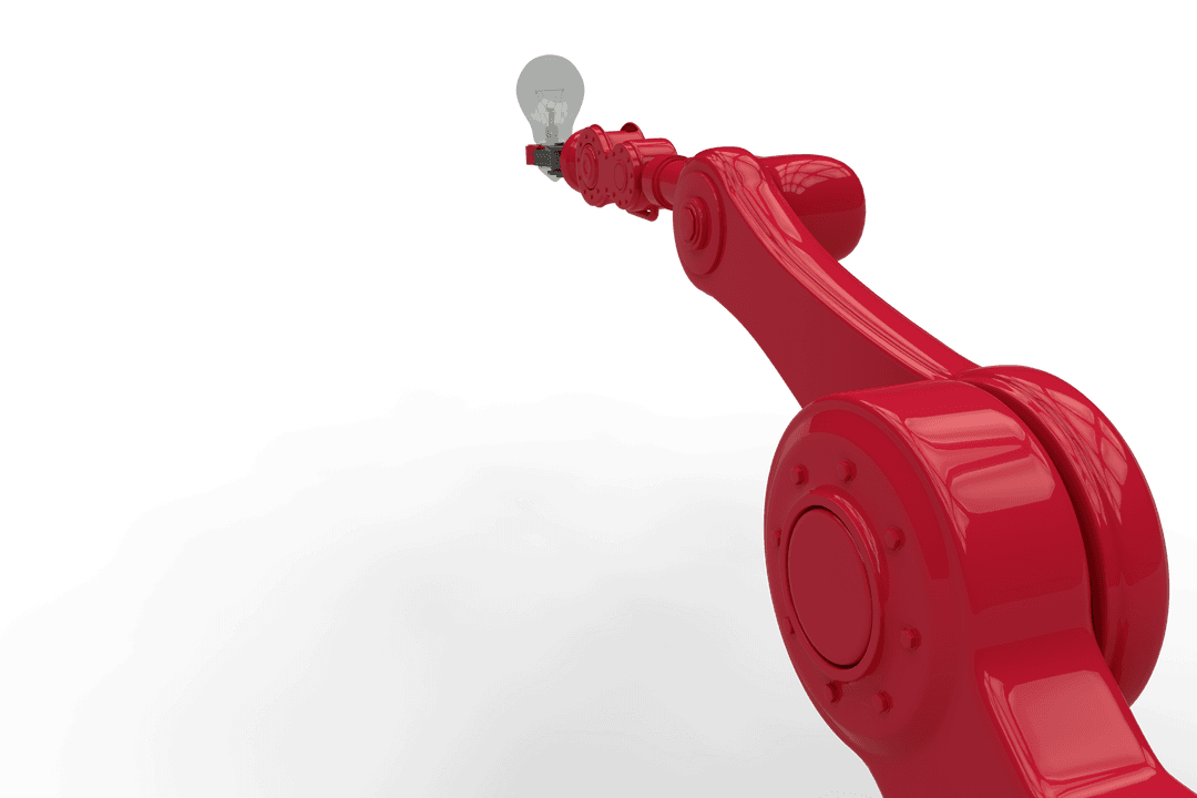 Transparent Red Robotic Arm Reaching Towards Light Bulb