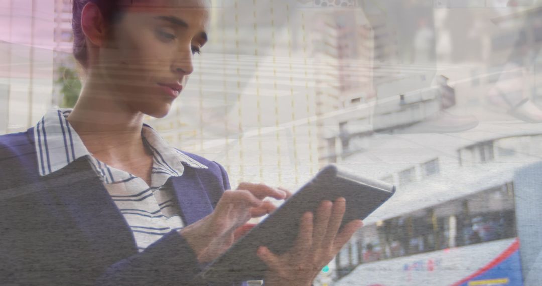 Caucasian Businesswoman Using Tablet with Blurred Urban Movement