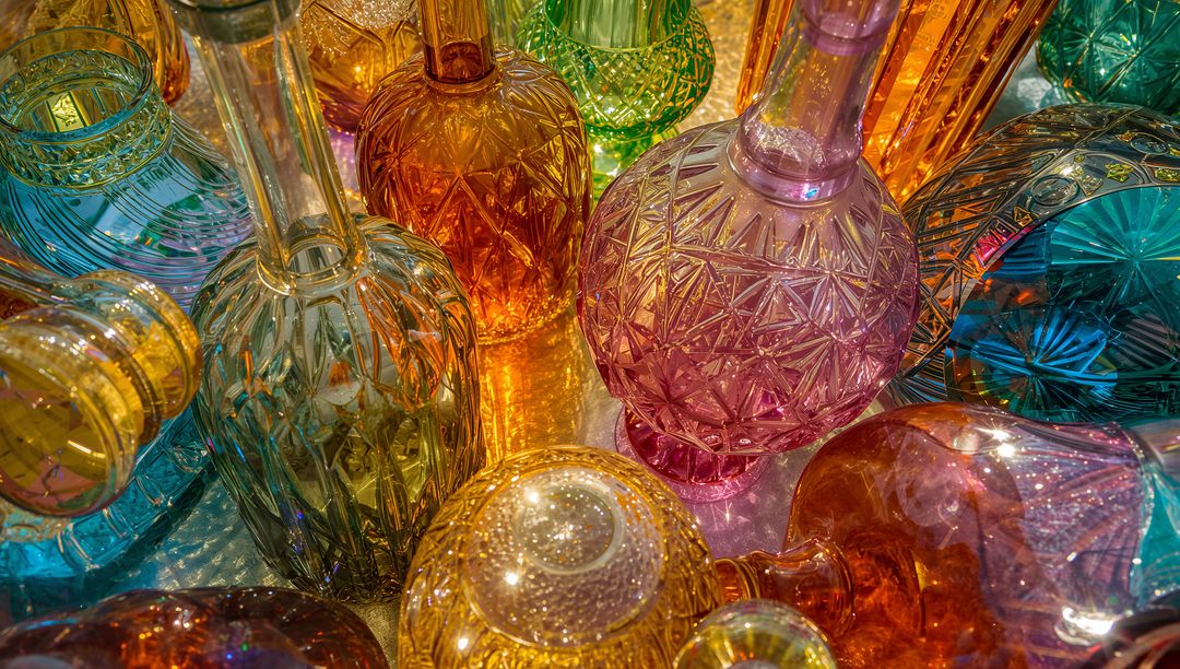 Radiant Collection of Vintage Cut Glass Bottles in Colorful Display