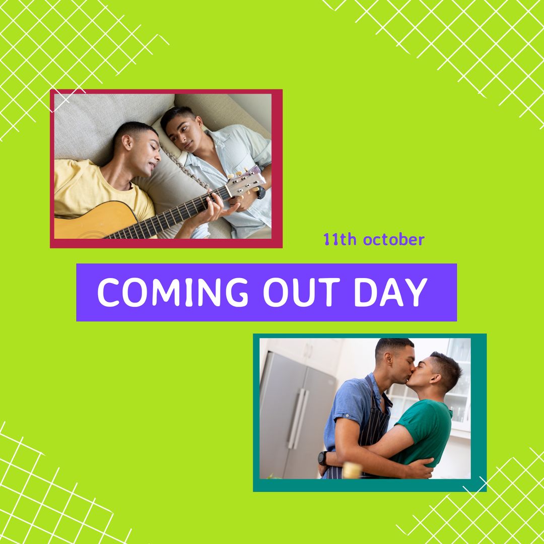 Coming Out Day Celebration with Couple Embracing and Playing Guitar