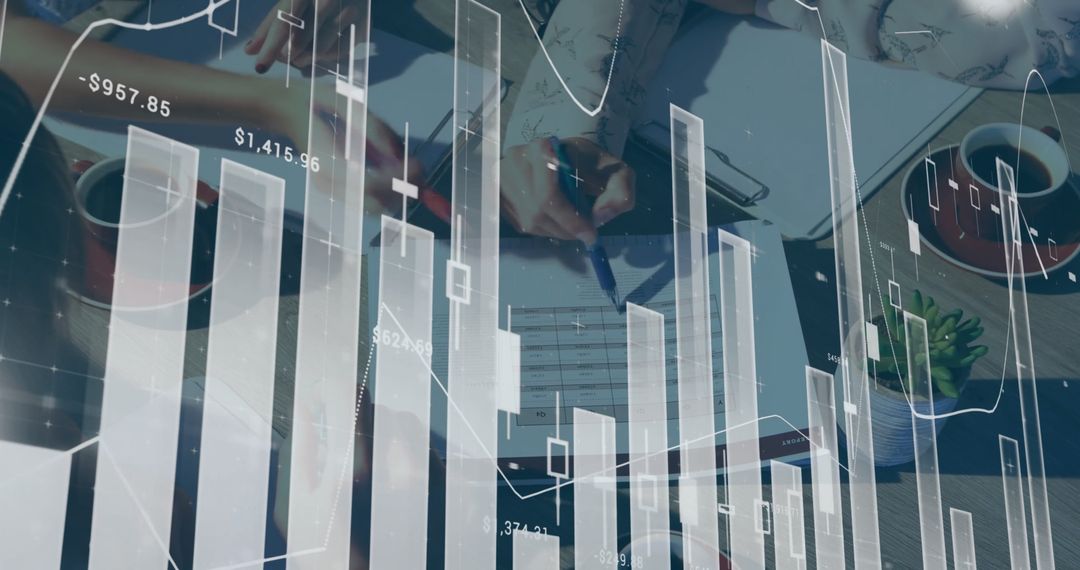 Business Professionals Reviewing Documents with Data Overlay