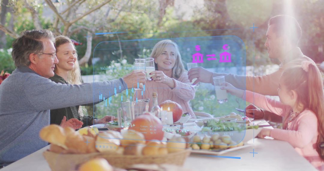 Multigenerational Family Toasting Outdoors with Holographic UI Overlay and Harvest Table