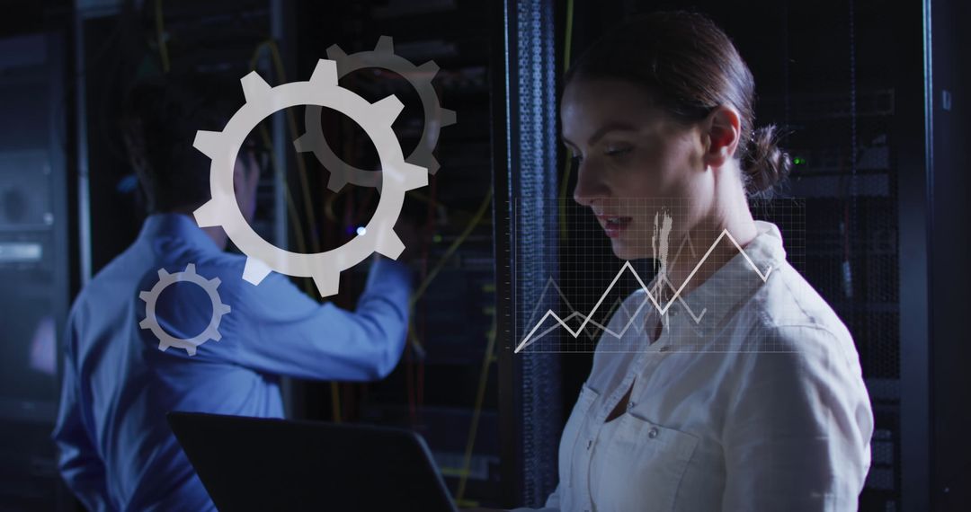 Caucasian Woman Analyzing Data in Modern Server Room