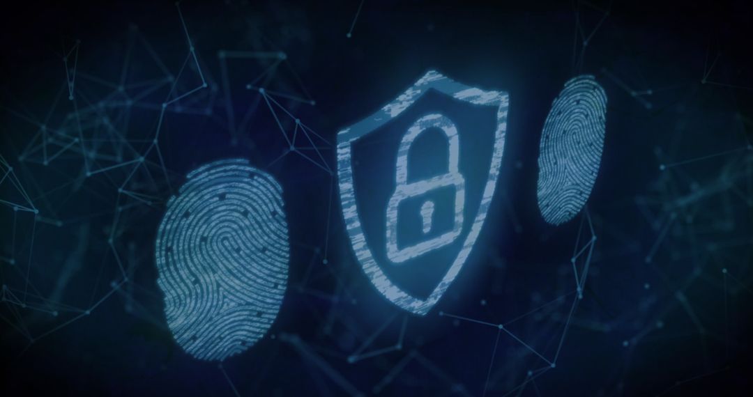 Digital Security Padlock with Fingerprint in Futuristic Network