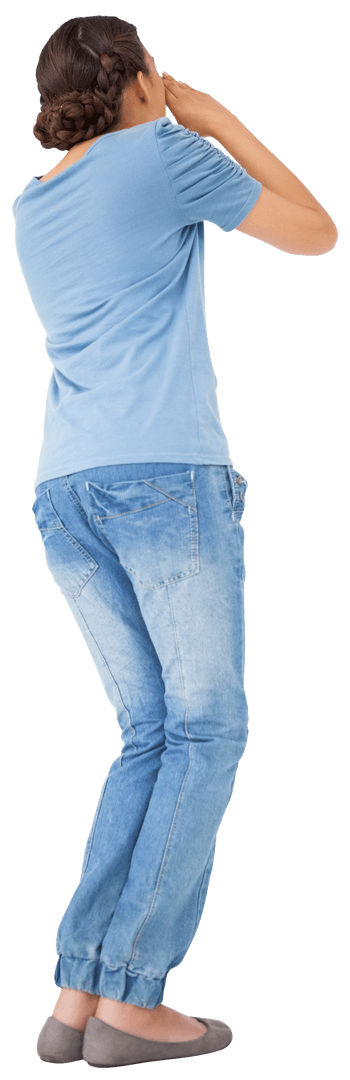 Transparent Woman in Blue Outfit Shouting Cupped Hands