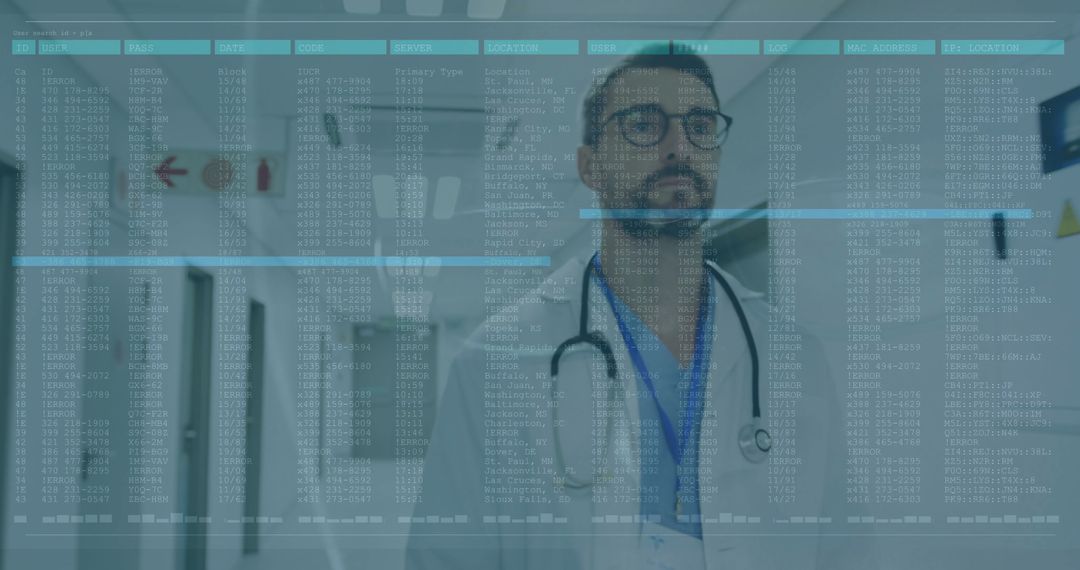 Doctor in Hospital Corridor with Data Overlay Representing Digital Innovation