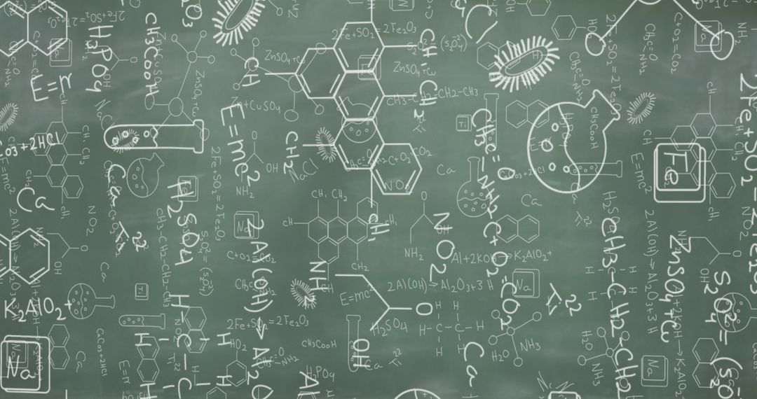 Chalkboard with Complex Scientific Formulas and Illustrations