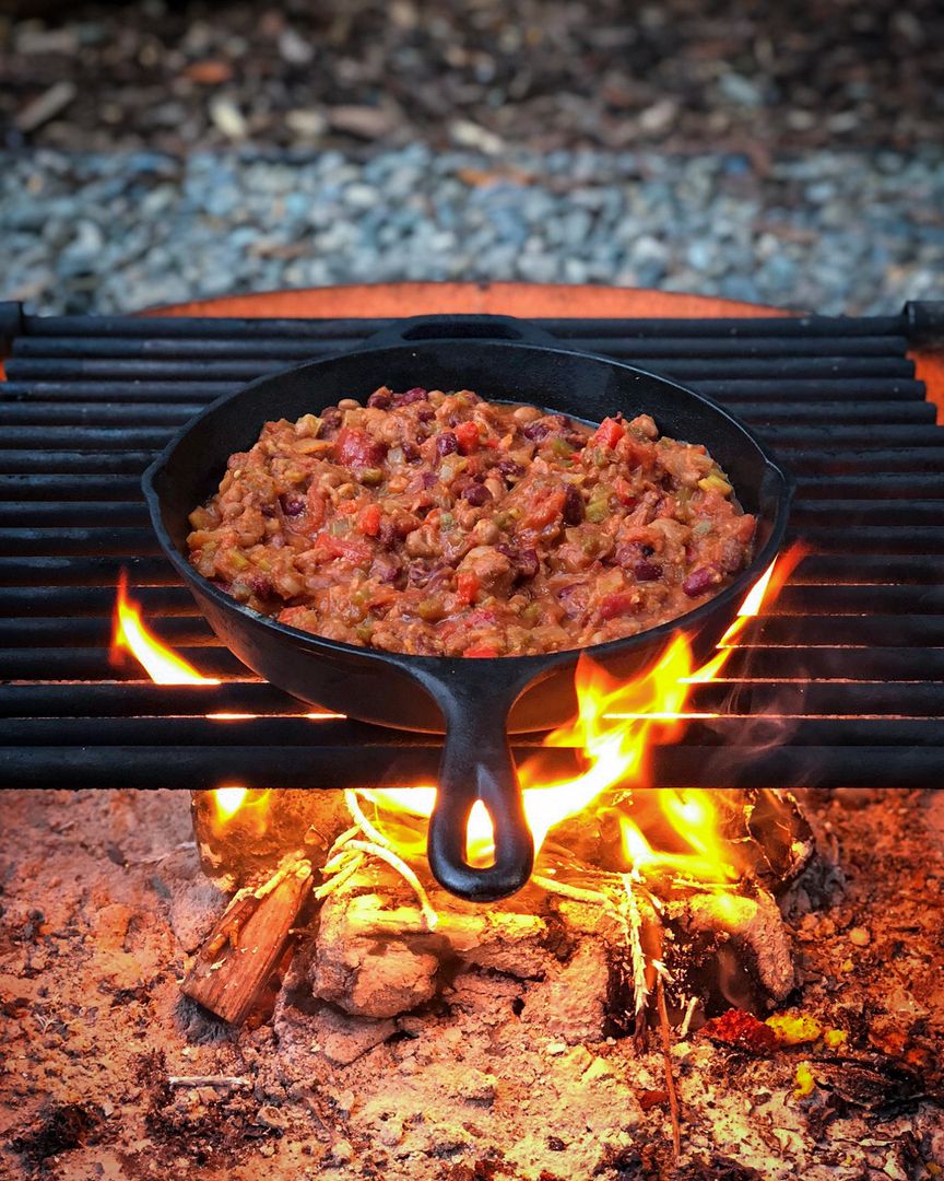 Hearty Campfire Chili in Cast Iron Skillet